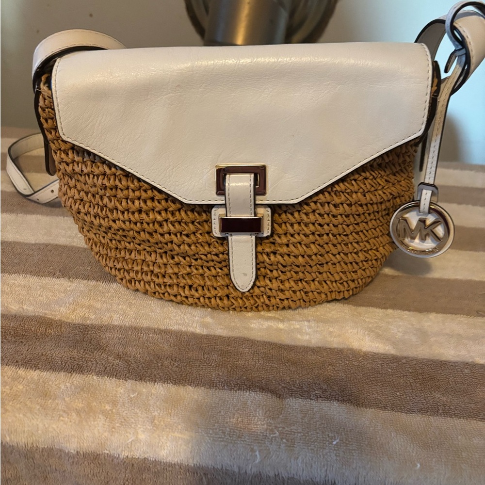 Michael Kors Cream and Brown straw Crossbody Bag